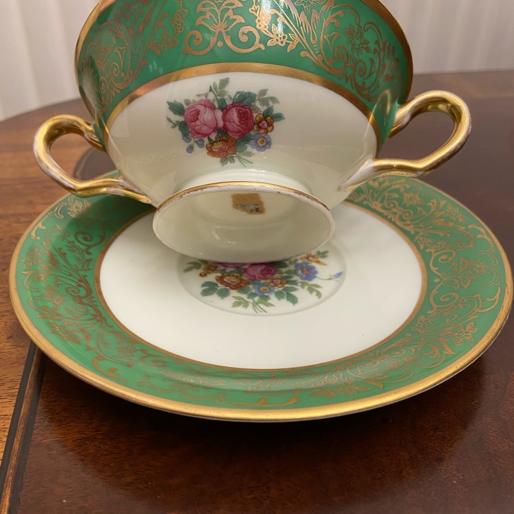 Black Knight Green&Gold Floral CzechoSlovakia Porcelain Set 5 Teacups & 7 Saucer